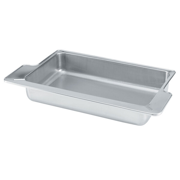 A silver rectangular Vollrath water pan with handles.