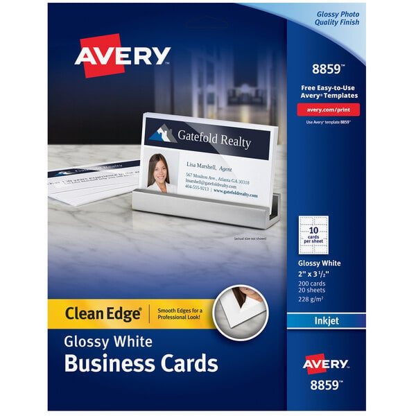 A stack of Avery white business cards with a glossy white background.