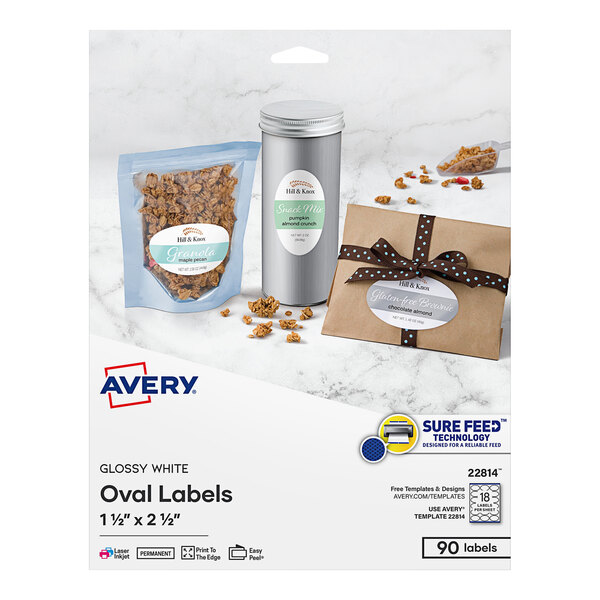 A package of Avery oval white glossy labels on a can of cookies.