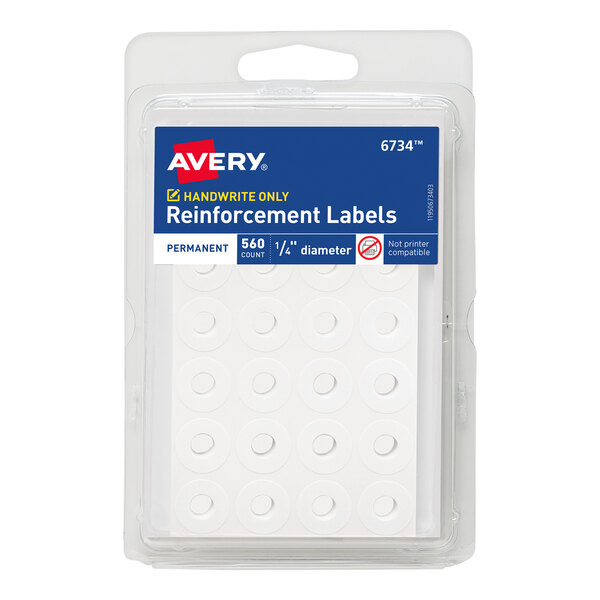 A package of white round Avery self-adhesive reinforcement labels.
