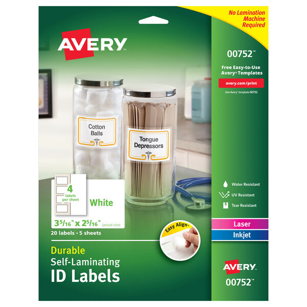 A package of Avery white rectangular self-laminating ID labels.