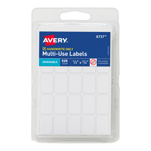 A pack of white rectangular Avery multi-use labels in a clear plastic container.