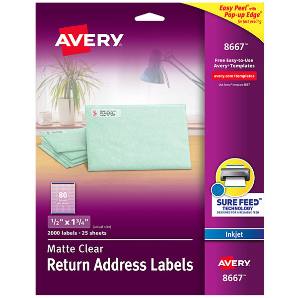 A package of Avery return address labels with green and white packaging.