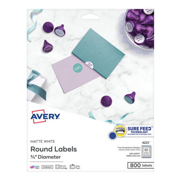 A package of Avery matte white round labels with a white circle and purple and green confetti on it.