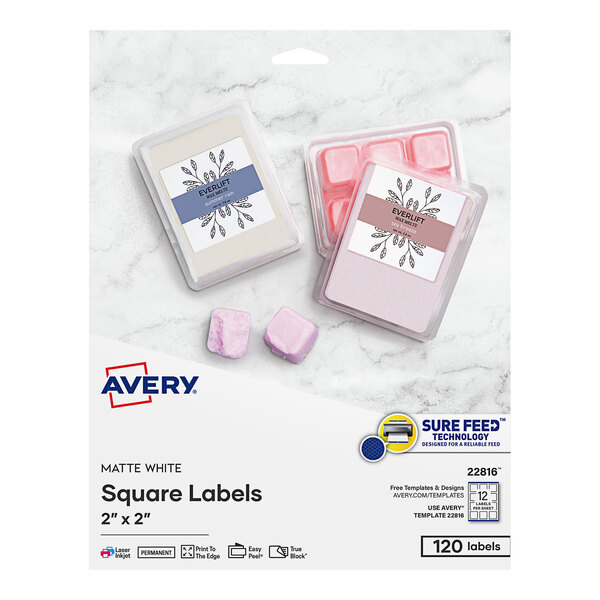 A package of Avery white square labels with a white background.