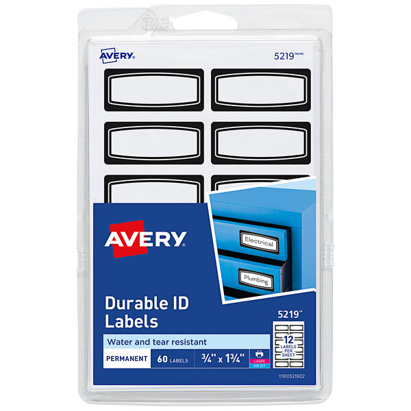 A package of Avery black border ID labels with a white background.