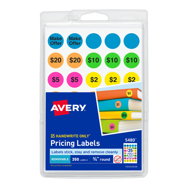 A package of white Avery labels with colorful circles and black text.