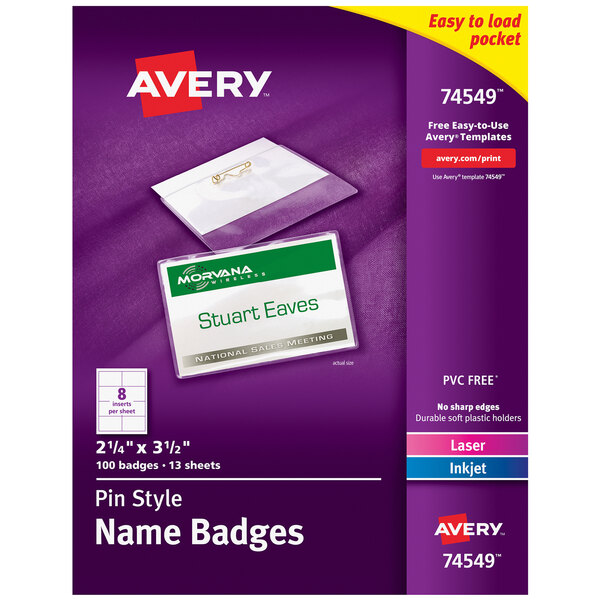 A purple and white package of Avery White Landscape Pin Style Name Badges with a white and green pin.