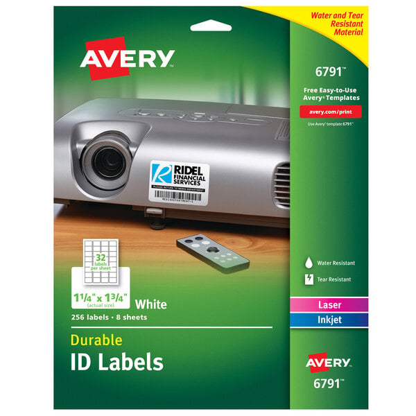 A package of white rectangular Avery ID labels.