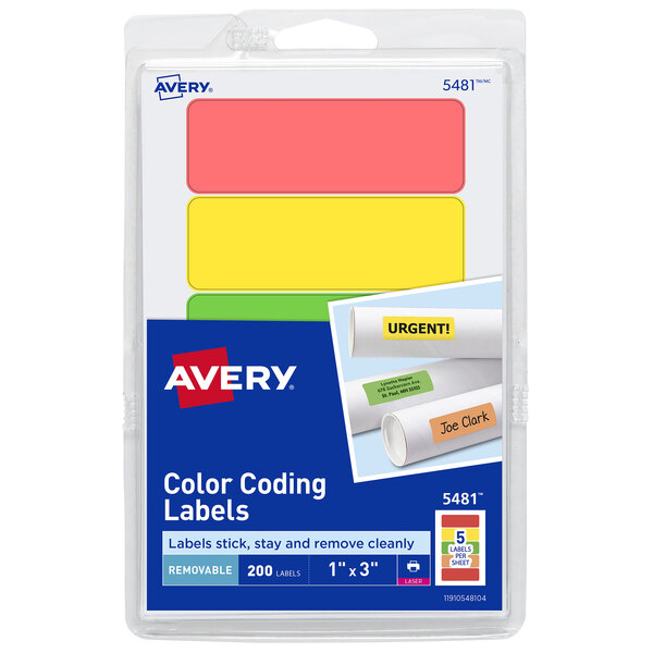 A pack of Avery rectangular color-coding labels in yellow, green, pink, and white.