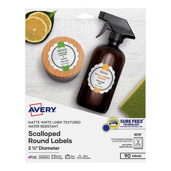 A package of white Avery® round scalloped labels.
