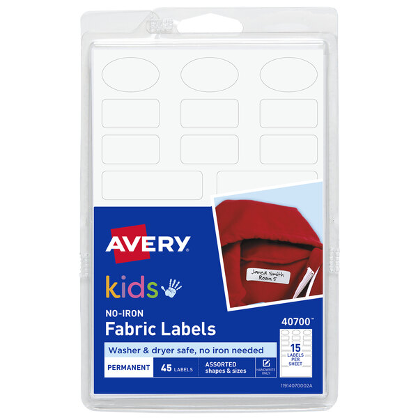 A package of white Avery Handwrite Only Clothing Labels in assorted sizes and shapes.