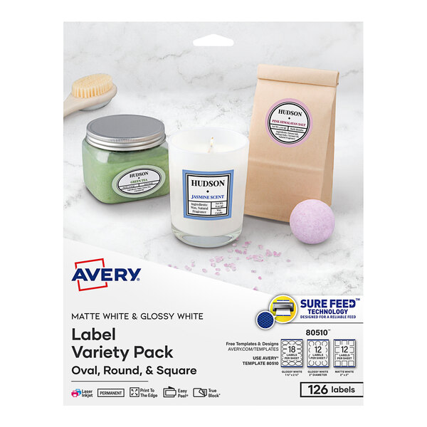 A package of assorted white Avery labels in different shapes.