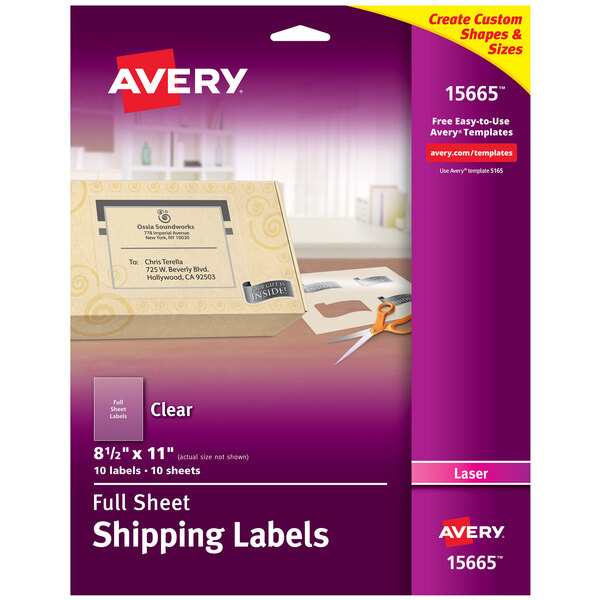 A package of Avery clear full sheet shipping labels.