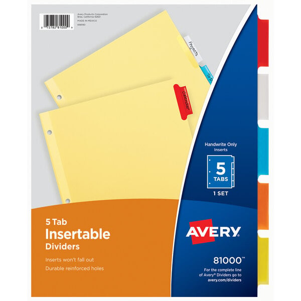 A package of Avery 3-hole 5-tab paper dividers with a blue and yellow box and red tabs.