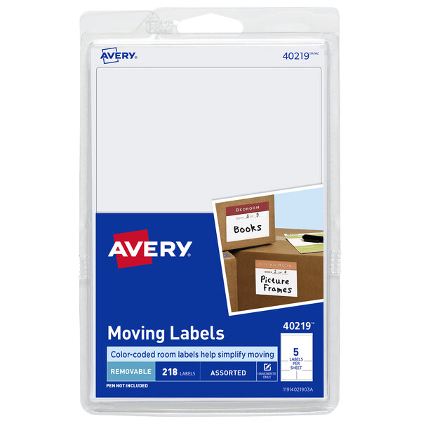 A package of white rectangular Avery moving labels with assorted shapes and sizes.