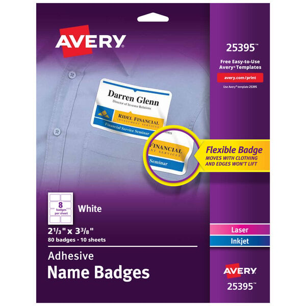 A package of Avery white rectangle name badges with adhesive labels.