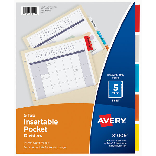 A blue and white Avery 5-tab divider set for 3-ring notebooks.