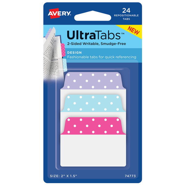 A package of Avery Ultra Tabs with assorted pastel color paper covered plastic tabs.