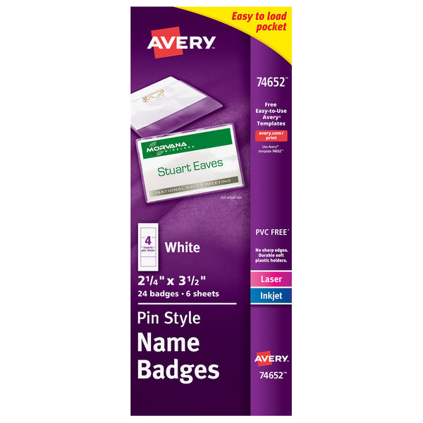 A purple box of Avery white landscape name badges with white labels and a flexible holder.