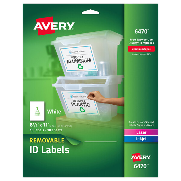 A package of 10 Avery White Rectangle Removable ID Labels.