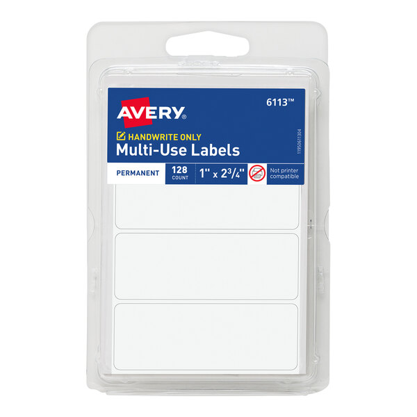 A package of white Avery rectangle labels with a white background.