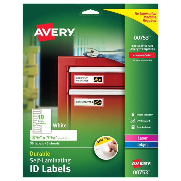 A package of Avery Easy Align white rectangular self-laminating ID labels.