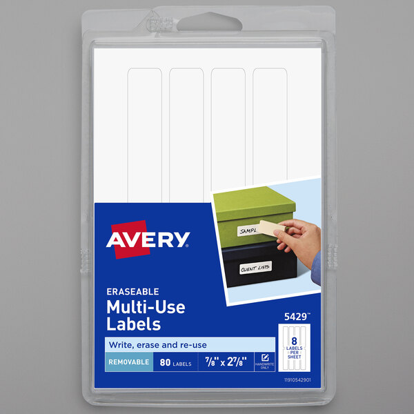 A package of white Avery rectangle erasable write-on labels.