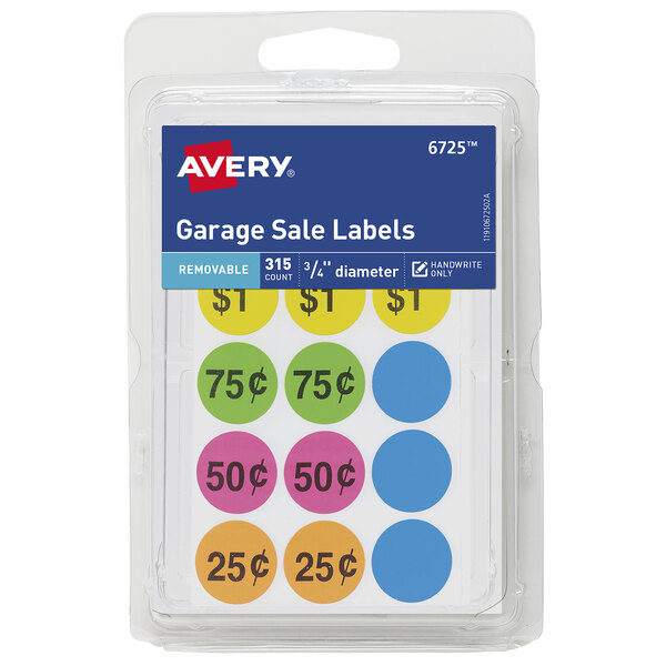 A package of Avery round preprinted garage sale labels in assorted neon colors.