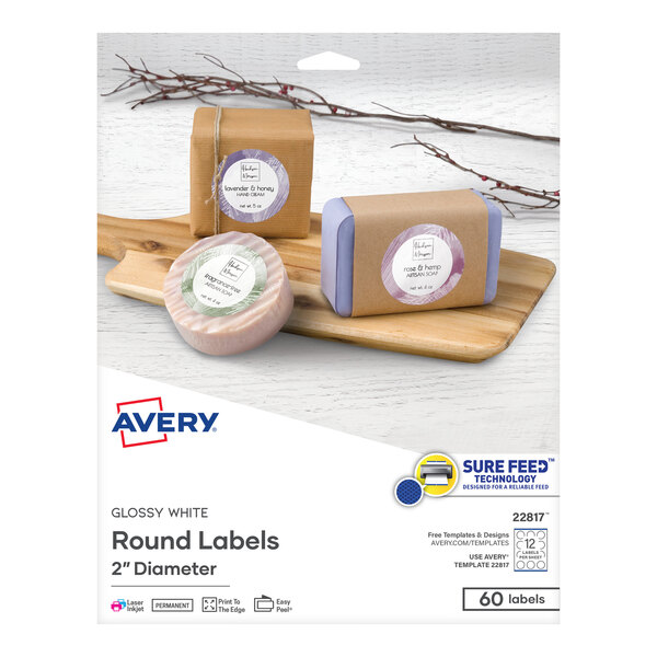 A package of Avery white round labels with a label on it.