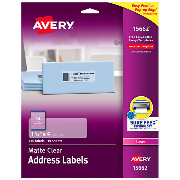 A package of Avery Clear Matte Address Labels with white and black text on the label.
