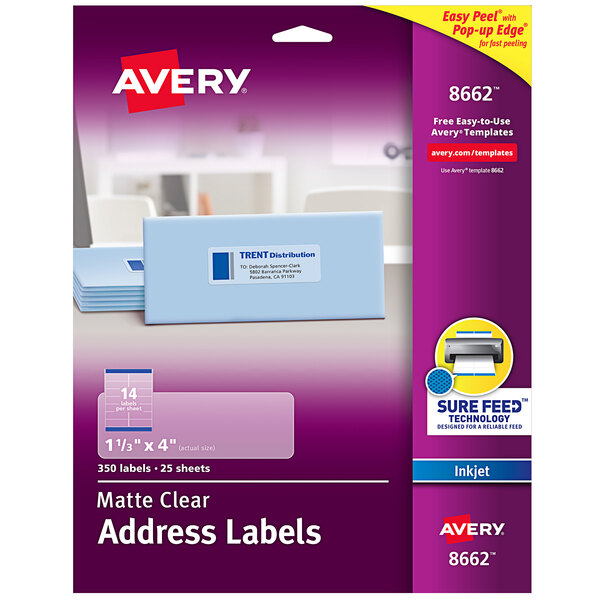 A package of Avery matte clear address labels with a white box with blue and black text.