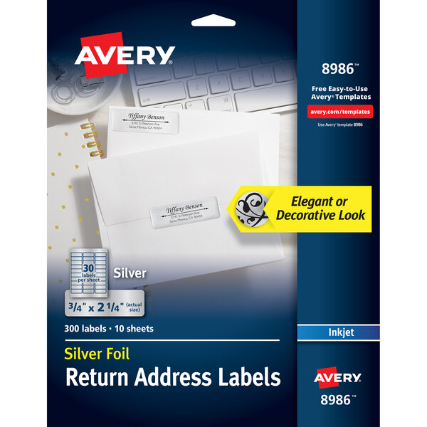 A package of Avery silver foil return address labels.