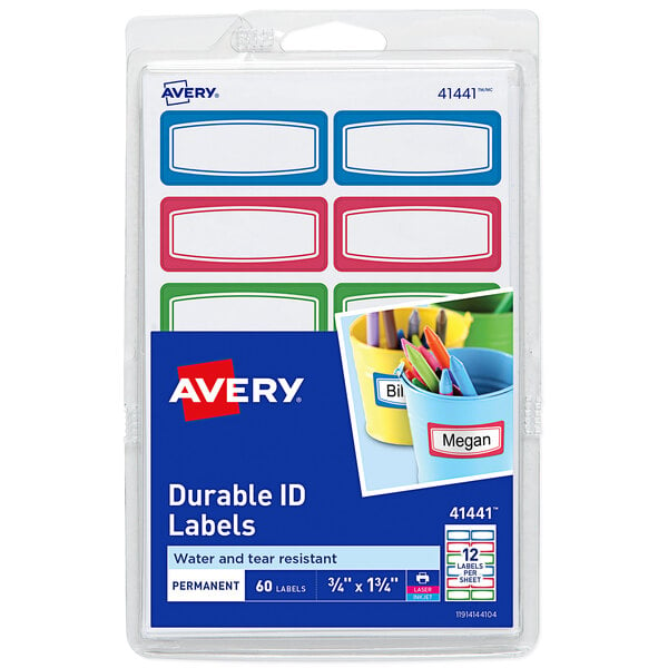 A package of Avery Durable Kids Labels in assorted colors.