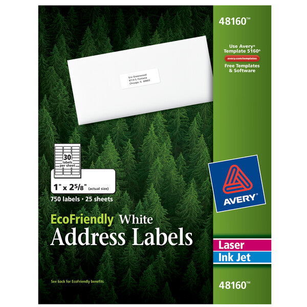 A green and white box of Avery Eco-Friendly White Rectangle Address Labels.