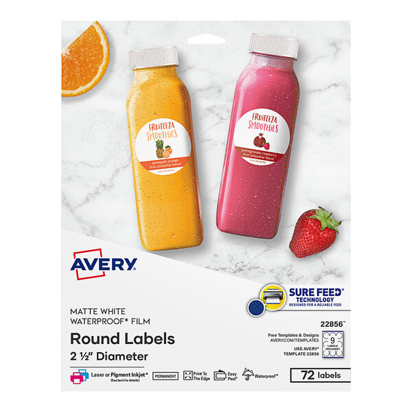 A package of Avery round white labels with a white background.