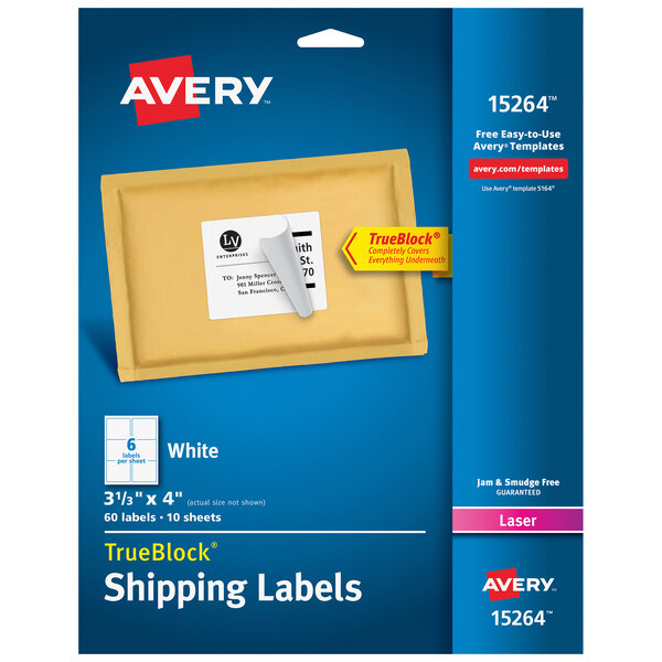 A package of Avery shipping labels with a white background.