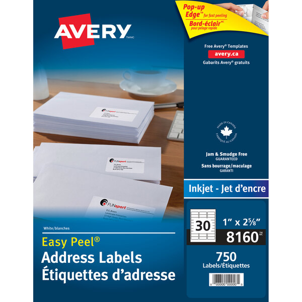 A box of white Avery Easy Peel Mailing Address Labels.