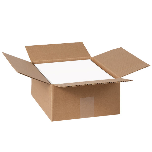 A brown cardboard box with a white rectangular object inside.