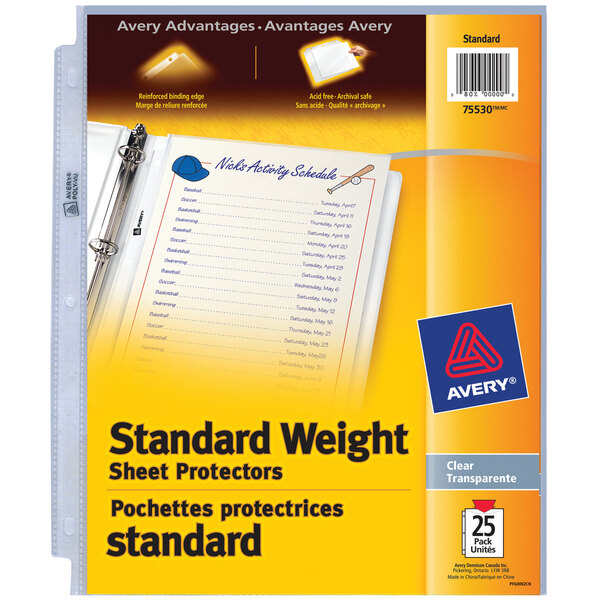 A yellow package of Avery standard weight clear sheet protectors.