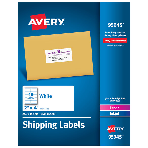 A blue rectangular box of white Avery shipping labels with a blue and black label.