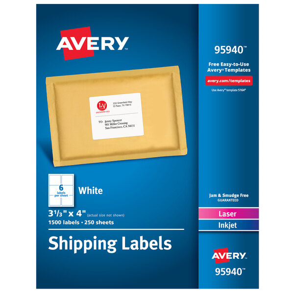A package of white rectangular Avery shipping labels.