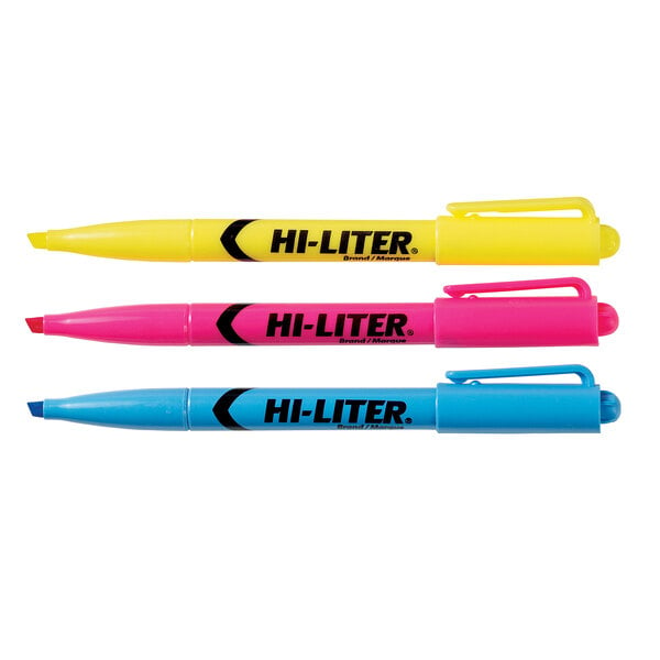 Three Avery Hi-Liter pens in assorted colors with the word Hi-Liter on them.