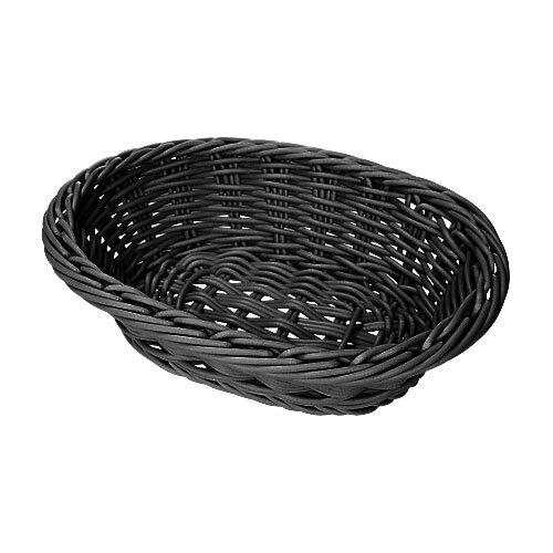 A close-up of a black oval plastic bread basket with a handle.