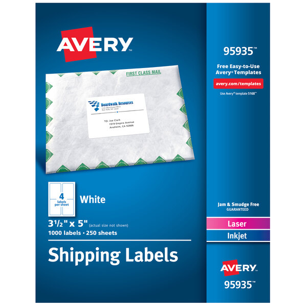 A white rectangular package with a rectangular white Avery shipping label.