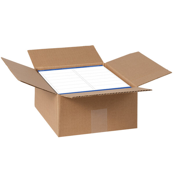 A cardboard box with white sheets of Avery Waterproof White Mailing Labels.