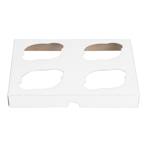 A white cardboard cupcake or muffin box with four slots and a window on top.