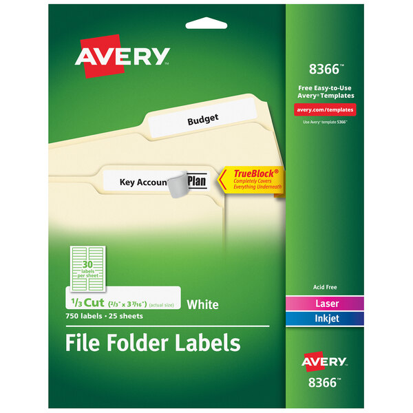 A green and white package of Avery file folder labels with white background.