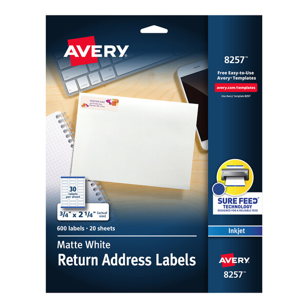 A box of white rectangular Avery color printing labels with a white paper background.