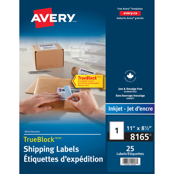 A person's hands using Avery shipping labels to apply a label to a piece of paper.
